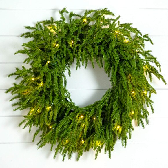 20-in Pre-Lit Artificial Real Touch Norfolk Island Pine Wreath with 35 Warm White LED Lights and Natural Look - SKU #W1391 - 13