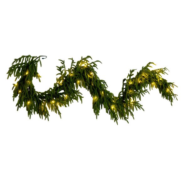 6-ft Pre-Lit Artificial Real touch Norfolk Island Pine Garland with 35 Warm White LED Lights and Natural Look - SKU #W1393