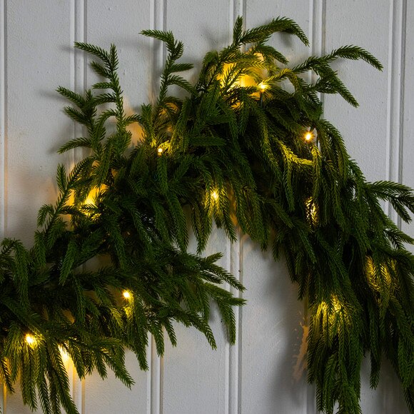 6-ft Pre-Lit Artificial Real touch Norfolk Island Pine Garland with 35 Warm White LED Lights and Natural Look - SKU #W1393 - 3