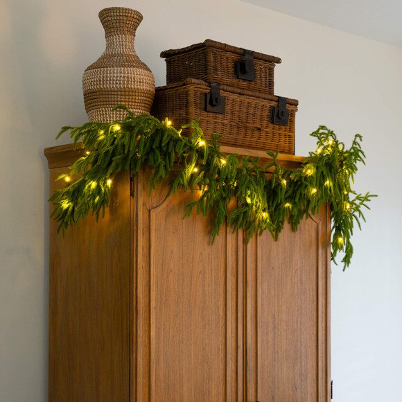 6-ft Pre-Lit Artificial Real touch Norfolk Island Pine Garland with 35 Warm White LED Lights and Natural Look - SKU #W1393 - 6