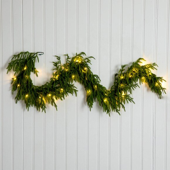 6-ft Pre-Lit Artificial Real touch Norfolk Island Pine Garland with 35 Warm White LED Lights and Natural Look - SKU #W1393 - 9