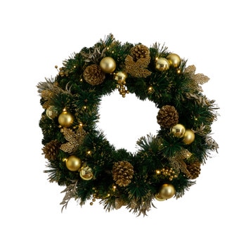 24-in Pre-Lit Artificial Golden Frosted Christmas Wreath with 50 Warm White LED Lights Pinecones Berries and Ornaments - SKU #W1397