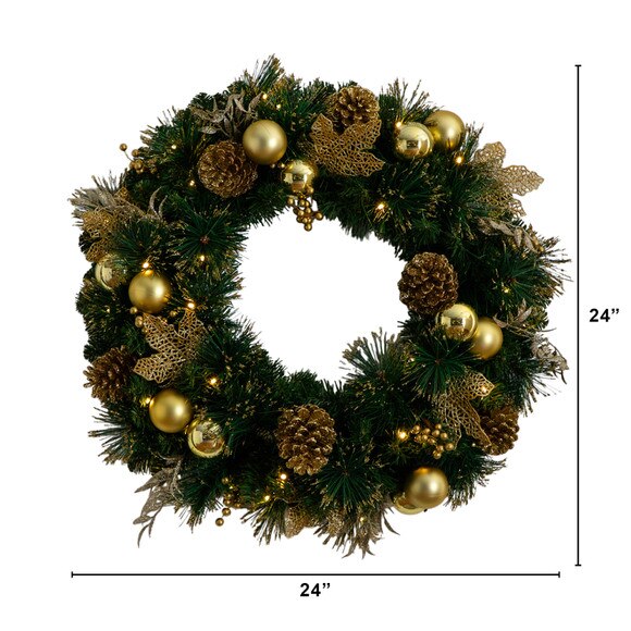 24-in Pre-Lit Artificial Golden Frosted Christmas Wreath with 50 Warm White LED Lights Pinecones Berries and Ornaments - SKU #W1397 - 1