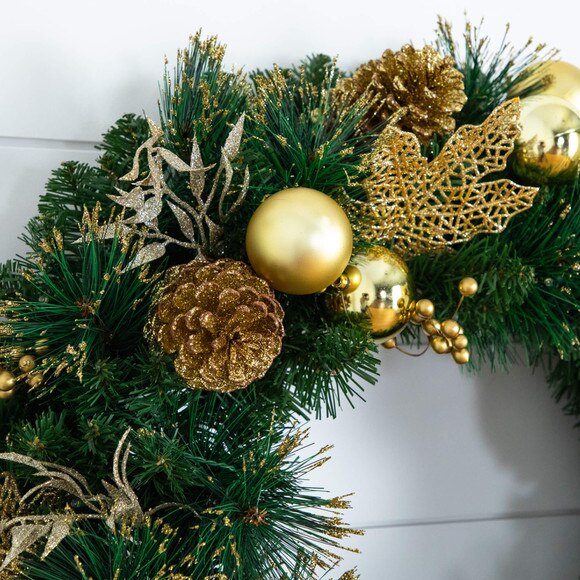 24-in Pre-Lit Artificial Golden Frosted Christmas Wreath with 50 Warm White LED Lights Pinecones Berries and Ornaments - SKU #W1397 - 3