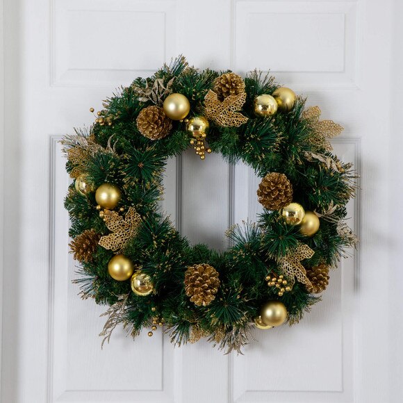 24-in Pre-Lit Artificial Golden Frosted Christmas Wreath with 50 Warm White LED Lights Pinecones Berries and Ornaments - SKU #W1397 - 4