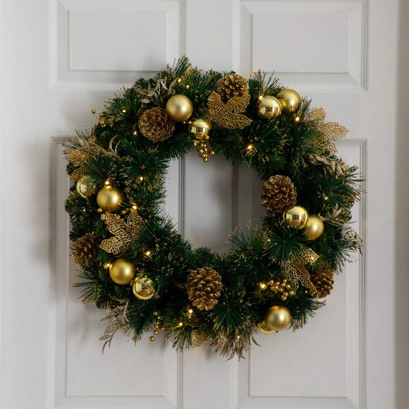 24-in Pre-Lit Artificial Golden Frosted Christmas Wreath with 50 Warm White LED Lights Pinecones Berries and Ornaments - SKU #W1397 - 6