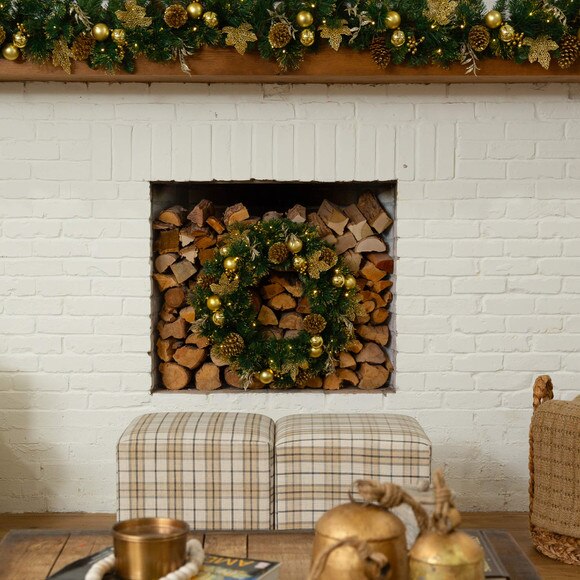 24-in Pre-Lit Artificial Golden Frosted Christmas Wreath with 50 Warm White LED Lights Pinecones Berries and Ornaments - SKU #W1397 - 7