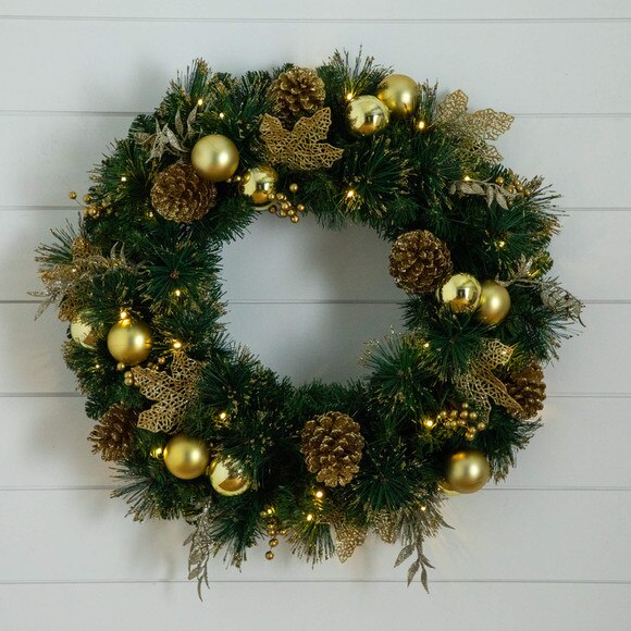 24-in Pre-Lit Artificial Golden Frosted Christmas Wreath with 50 Warm White LED Lights Pinecones Berries and Ornaments - SKU #W1397 - 8