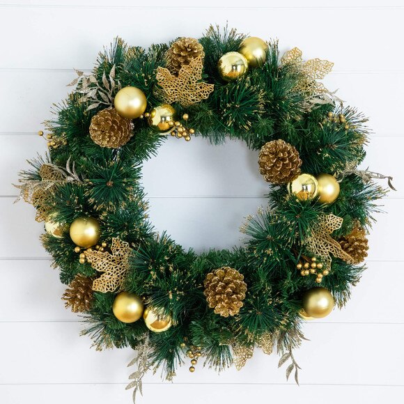 24-in Pre-Lit Artificial Golden Frosted Christmas Wreath with 50 Warm White LED Lights Pinecones Berries and Ornaments - SKU #W1397 - 9
