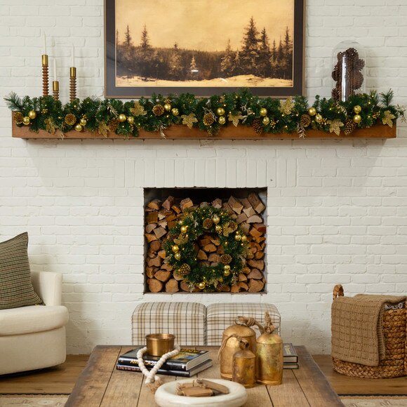 24-in Pre-Lit Artificial Golden Frosted Christmas Wreath with 50 Warm White LED Lights Pinecones Berries and Ornaments - SKU #W1397 - 10