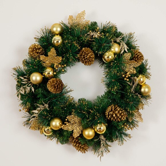 24-in Pre-Lit Artificial Golden Frosted Christmas Wreath with 50 Warm White LED Lights Pinecones Berries and Ornaments - SKU #W1397 - 11
