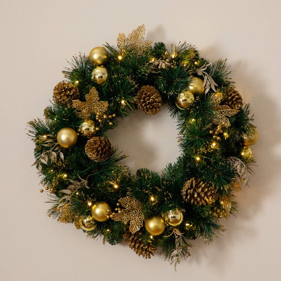 24-in Pre-Lit Artificial Golden Frosted Christmas Wreath with 50 Warm White LED Lights Pinecones Berries and Ornaments - SKU #W1397 - 12