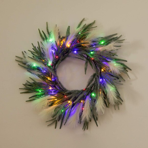 24-in Artificial Balsma Fir Pine and Pampas Wreath with 50 Color Changing LED Lights - SKU #W1405 - 12
