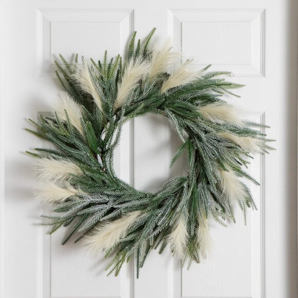24-in Artificial Balsma Fir Pine and Pampas Wreath with 50 Color Changing LED Lights - SKU #W1405 - 13