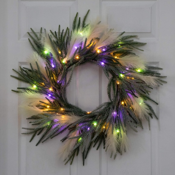 24-in Artificial Balsma Fir Pine and Pampas Wreath with 50 Color Changing LED Lights - SKU #W1405 - 14