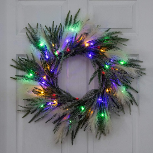 24-in Artificial Balsma Fir Pine and Pampas Wreath with 50 Color Changing LED Lights - SKU #W1405 - 15