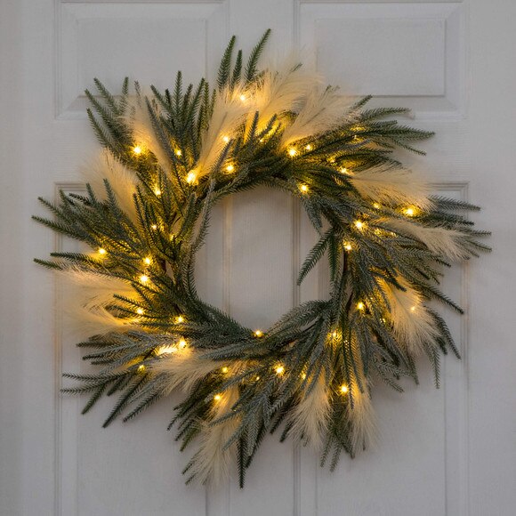 24-in Artificial Balsma Fir Pine and Pampas Wreath with 50 Color Changing LED Lights - SKU #W1405 - 16