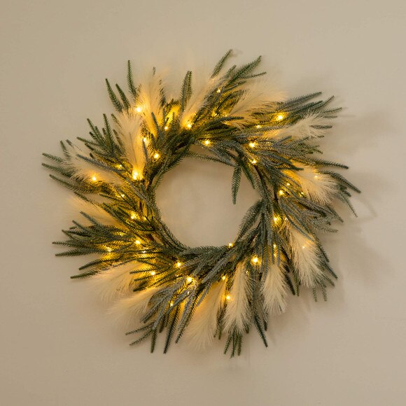 24-in Artificial Balsma Fir Pine and Pampas Wreath with 50 Color Changing LED Lights - SKU #W1405 - 18