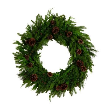 30-in Artificial Norfolk Mixed Pine Wreath with Pinecones - SKU #W1406