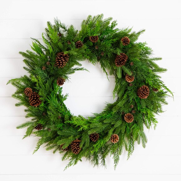 30-in Artificial Norfolk Mixed Pine Wreath with Pinecones - SKU #W1406 - 7